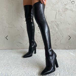 SIMMI ISAC BLACK FAUX CROC PRINT BLOCK HEEL OVER THE KNEE BOOTS